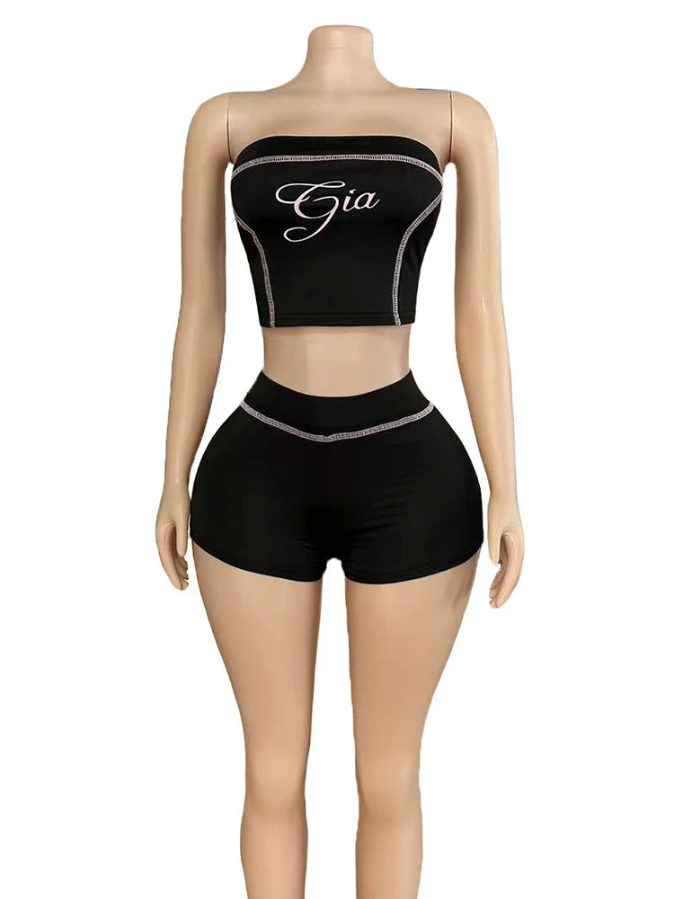Letter Print Women 2 Piece Set Tracksuit Letter Print Strapless Tos+Shorts Matching Streetwear Skinny Stretch Outfits