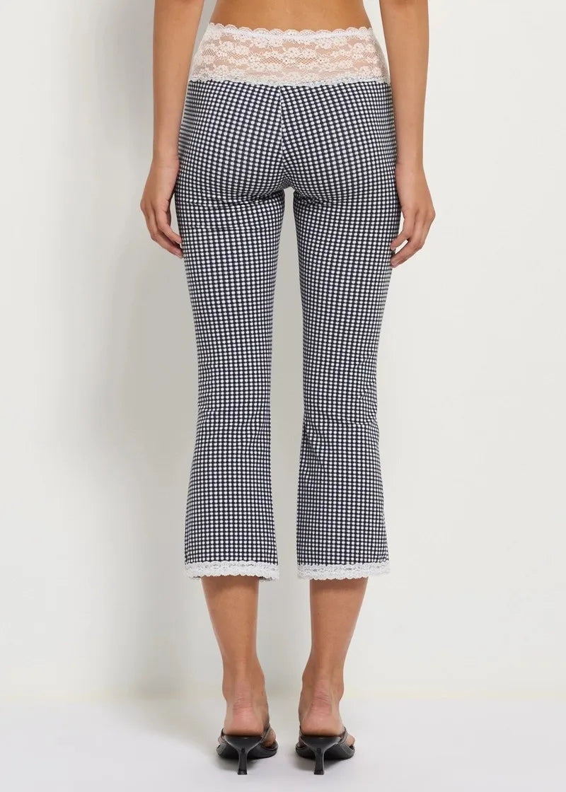 Women Y2K Gingham Cropped Flare Pants Lace Hem Capri Pants Plaid Checkered Low Rise Slim Fit Casual Streetwear Trousers