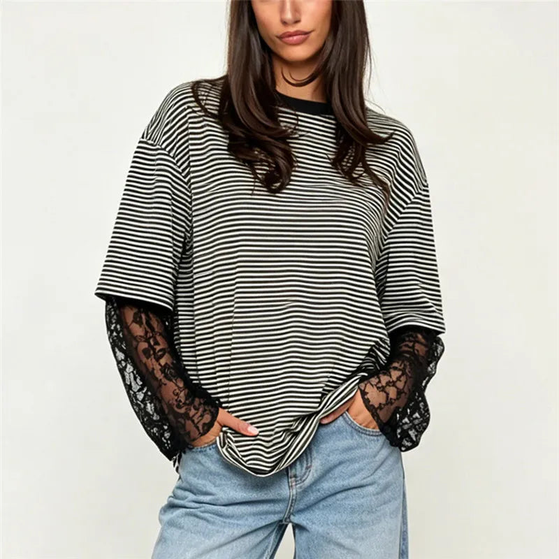 Women Fake Two Piece Striped T Shirt Oversized Short Sleeve Top Sheer Floral Lace Flare Long Sleeve Underlayer Loose Tee