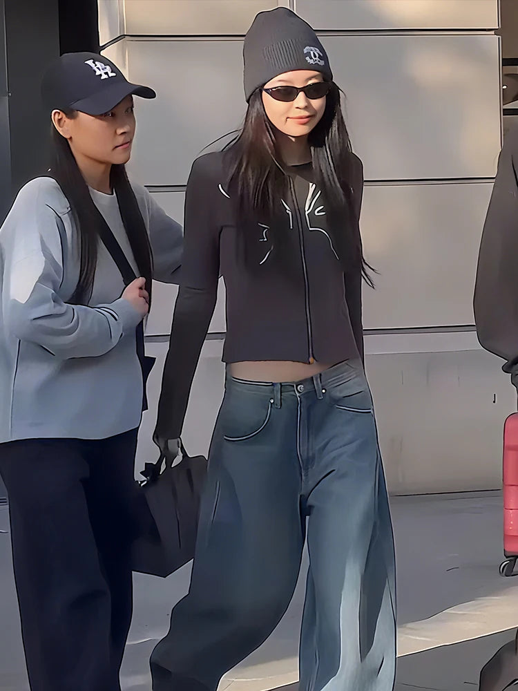 Casual Butterfly Print Jacket Women Daily Classic Patchwork Full Sleeve Double Zip Trend Sporty Elastic Street Coat