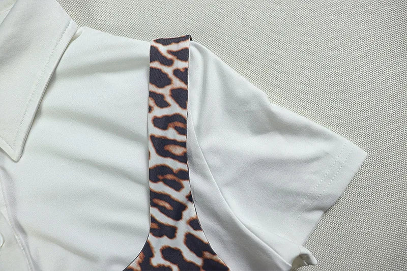 Leopard Print 2 Piece Set Women Polo-Neck Zip Patchwork Tops+Skinny Peach Hip Mini Skirts Hottie Hipster Classic Suit