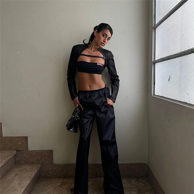 Crop PU Leather Jacket Women with Tube Top Two Piece Set Streetwear Fashion Black Coats Winter Clothes