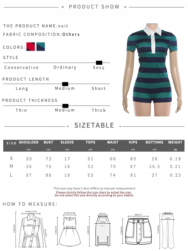 Striped Print 2-Piece Set Women Lapel Single-Breasted Patchwork t-Shirt+Simple Mini Short Sporty Style Streetwear