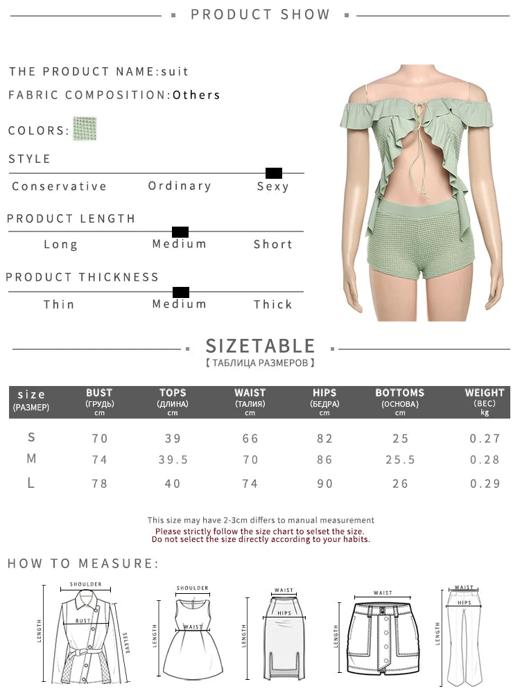 Elegant Women 2 Piece Set Y2K Slash Neck Ruffles Lace Up Crop Tops+Shorts Summer Trend Club Matching Midnight Outfits