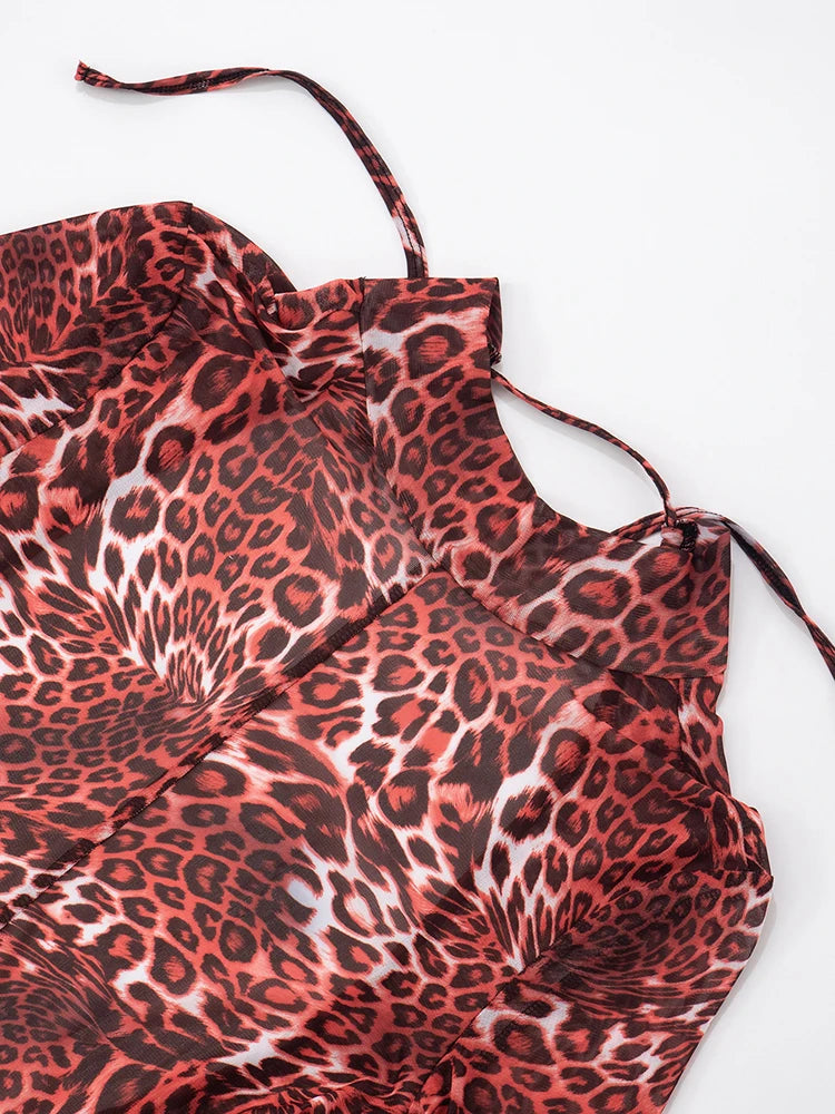 Leopard Print Jumpsuits Women Mesh Patchwork Turtleneck Backless Full Sleeve Skinny Peach Hip Hottie Hipster Overalls