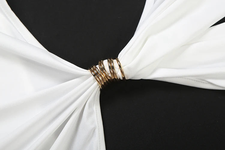 Waistless Elegant Dress Women Classic Full Sleeve Padded Bra Deep v-Neck Metal Buckle Hipster Simple Skinny Vestidos