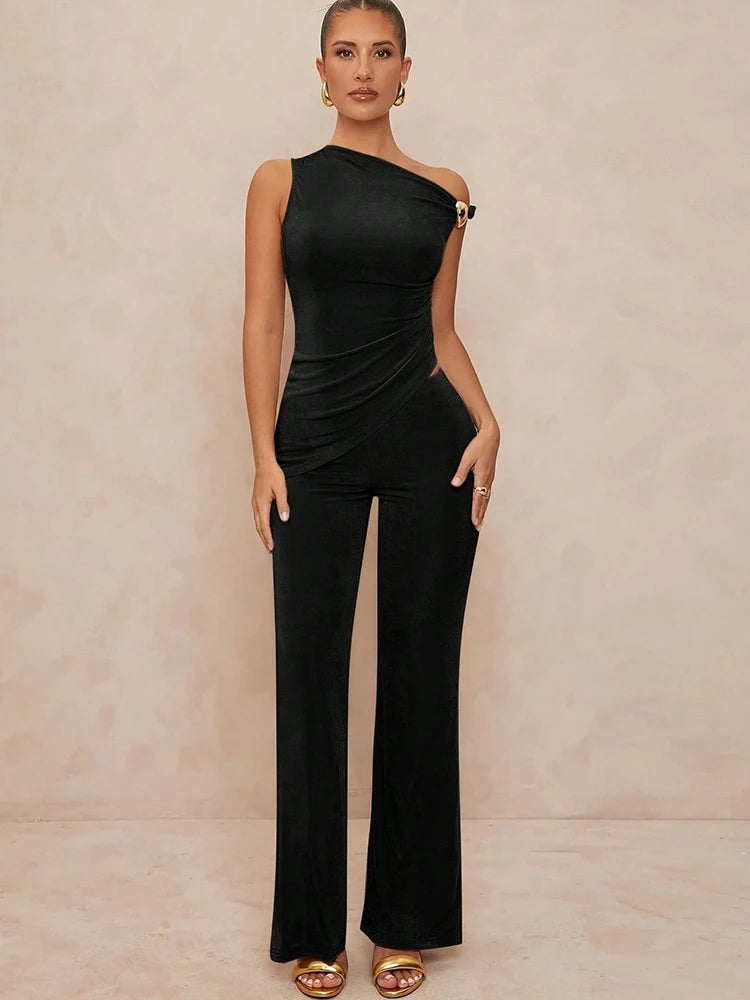 Casual Fashion 2 Piece Set Women Metal Patchwork Skew Collar Irregular Tops+Skinny Long Pants Street Simple Outfits