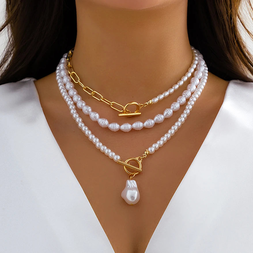 Vintage Imitation-Pearl Heart OT Buckle Pendant Necklace Women Wedding Bridal Bead Chain Neck Accessories Jewelry New