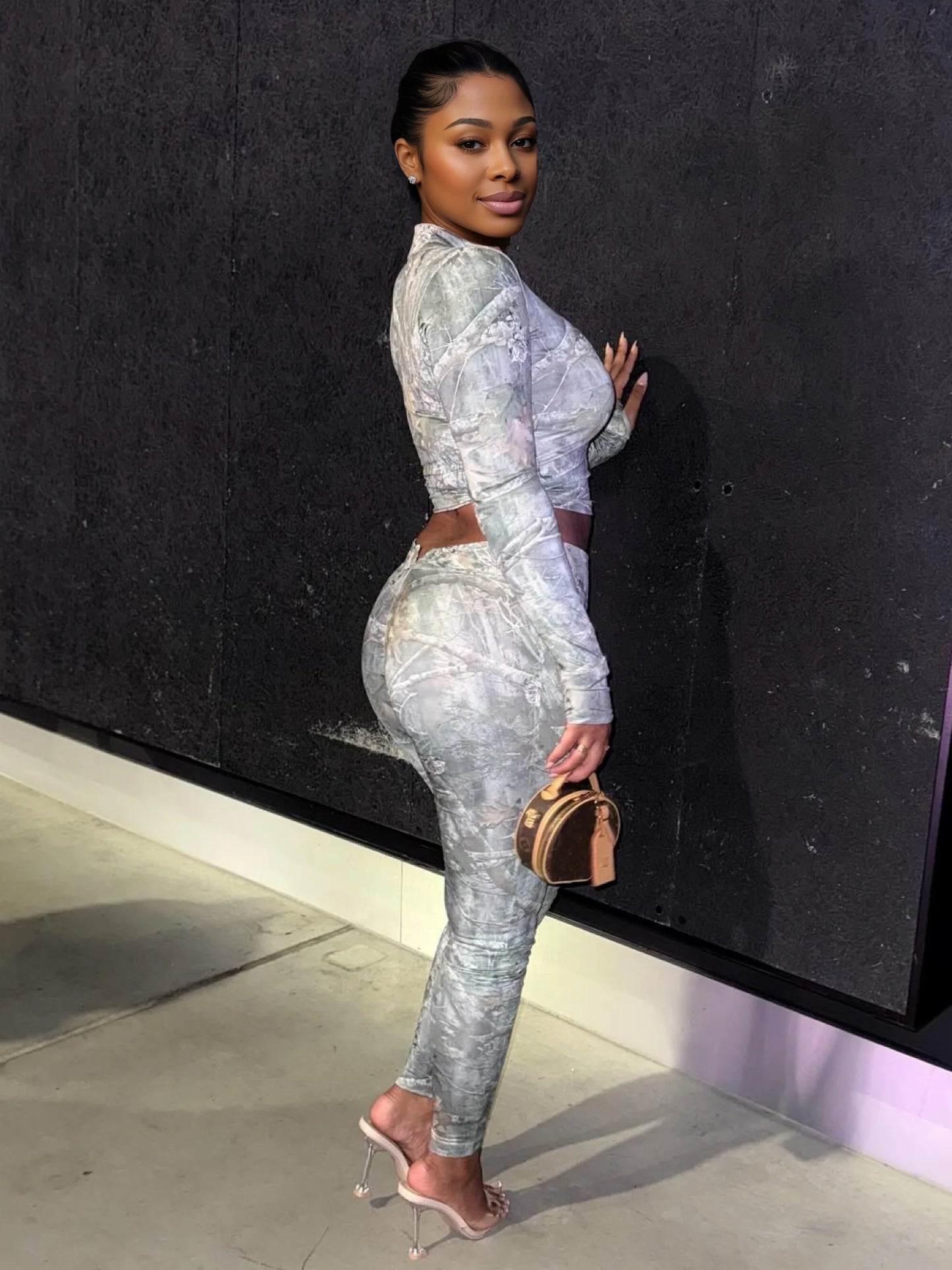 Twig Print Women Tracksuit Two Piece Set Tight Stretch Full Sleeve Crop Jacket+Leggings Matching Streetwear Outfits