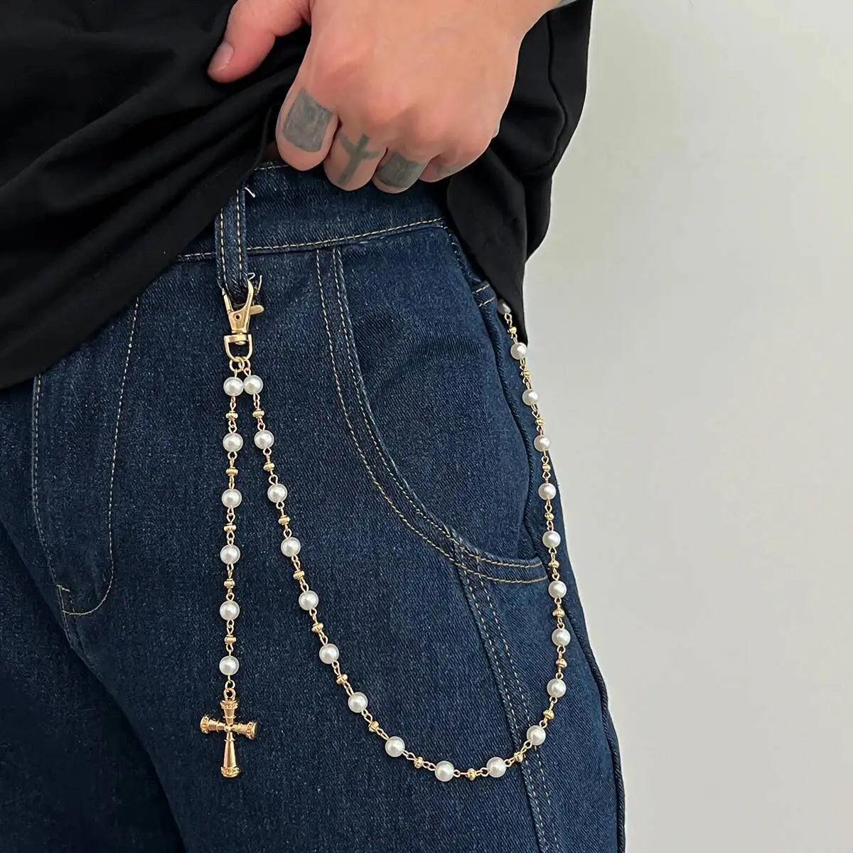 Creative Cross Pendant Imitation Pearl Keychain Wallet Belt Chain for Men Women Trousers Hipster Jeans Chain Jewelry