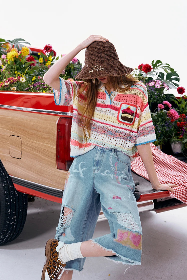 Women's Sweet Colorful Striped Knit Top, Crochet Cake Pocket Openwork Polo T-Shirt, Cute Summer Short Sleeve Knitwear