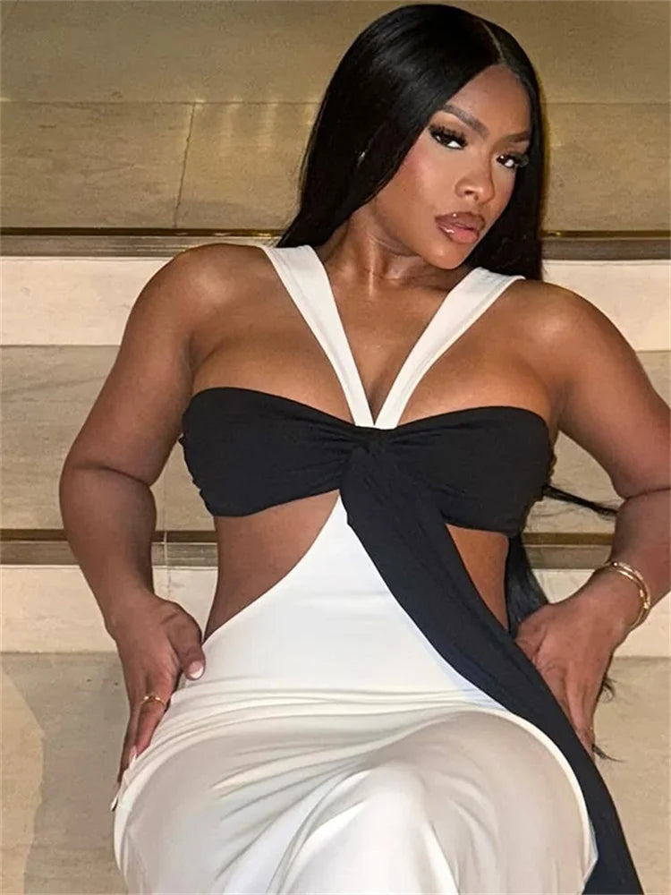 Contrast Patchwork Maxi Dress Women Irregular Off Shoulder Sleeveless Long Ribbon Midnight Club Party Long Bodycon