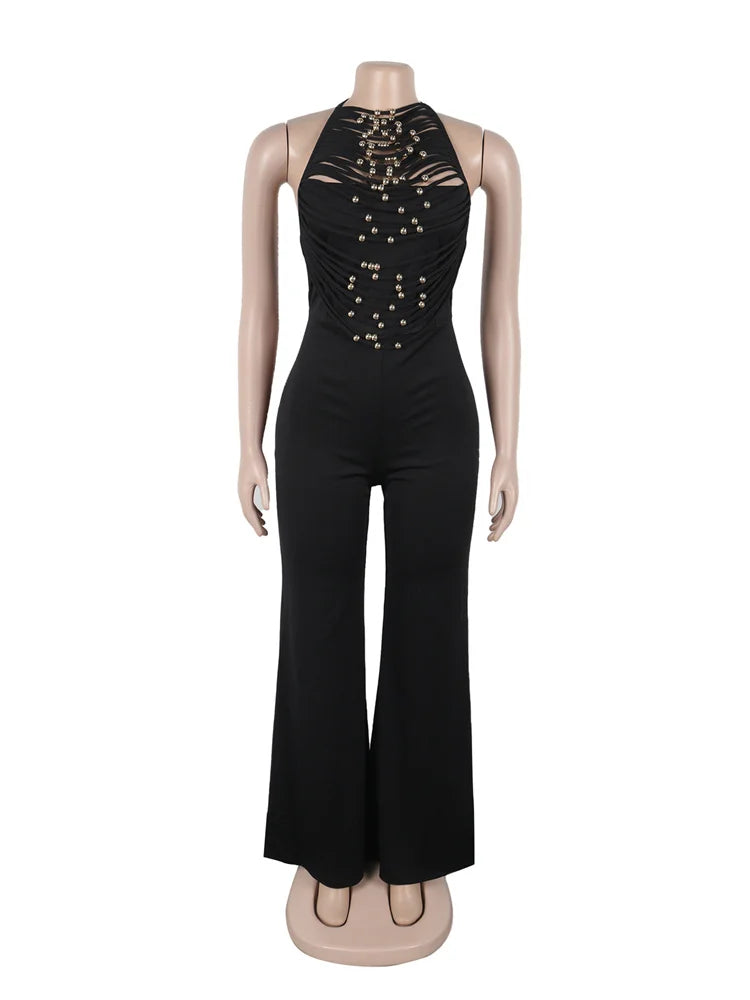 Sexy Hollow Beads Decoration Flared Jumpsuits Women Lace-Up Halter Sleeveless Backless 2025 Street New Trend Overalls