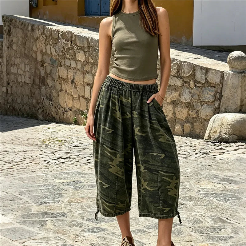 Casual Loose Wide Leg Capri Trousers Elastic Waistband Side Pockets Adjustable Drawstring Hem Baggy Cropped Culottes