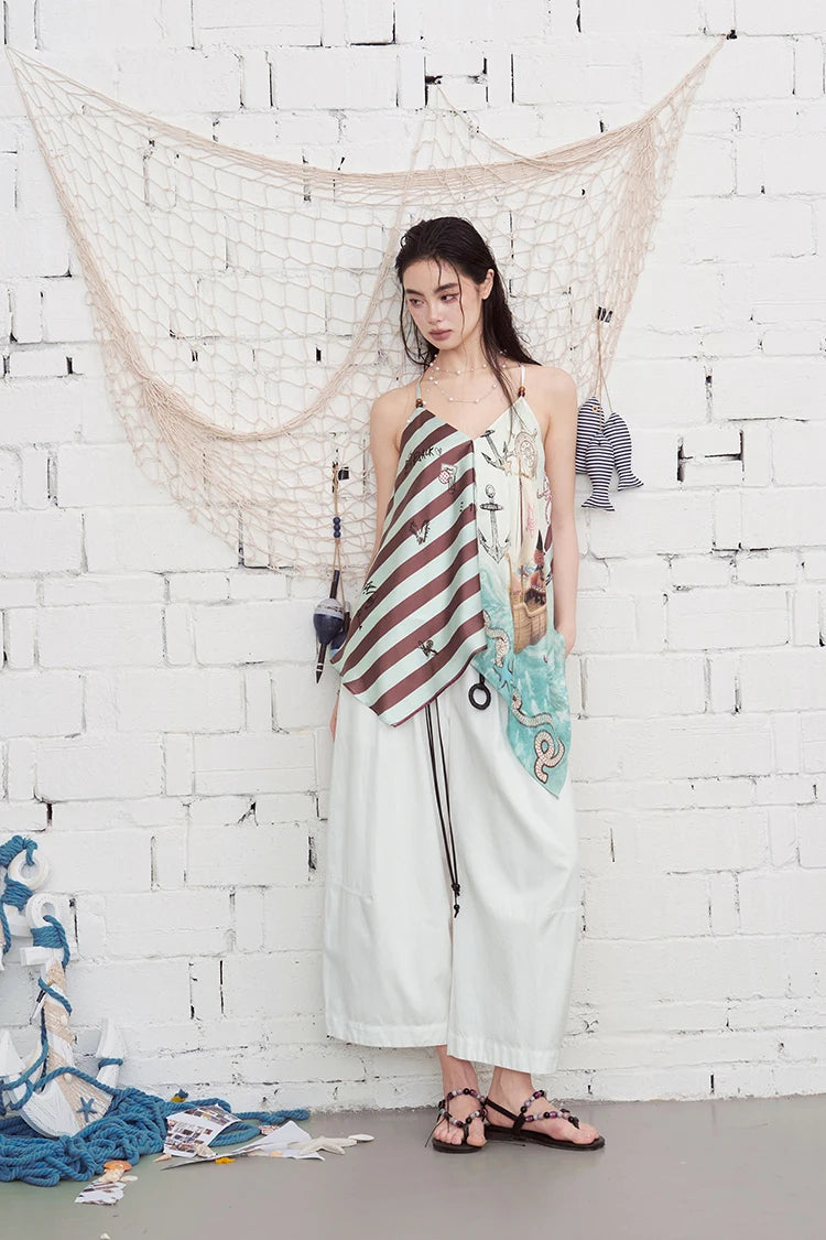 Nautical Print Chiffon Cami Top, Asymmetrical Patchwork Sleeveless Blouse