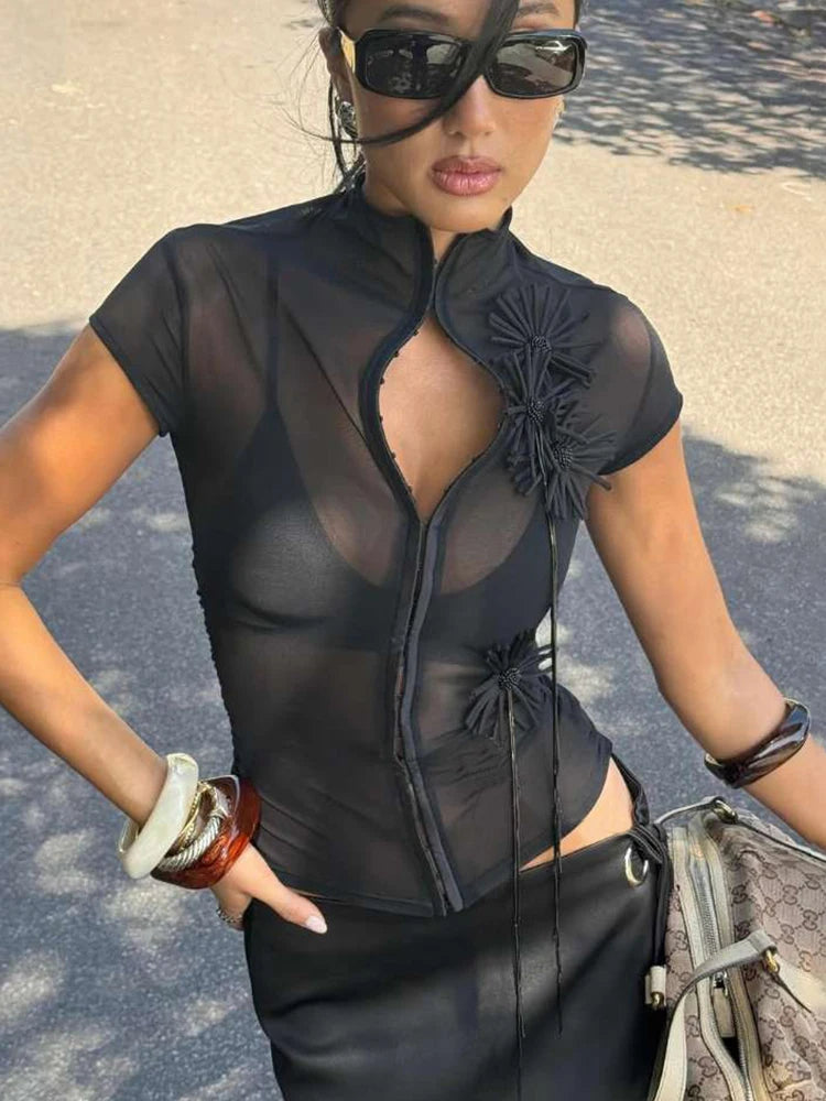 Tassel Applique Crop Tops Women Single-Breasted Half-High Neck Tassel Midnight Hottie Versatile Street Skinny T-Shirt