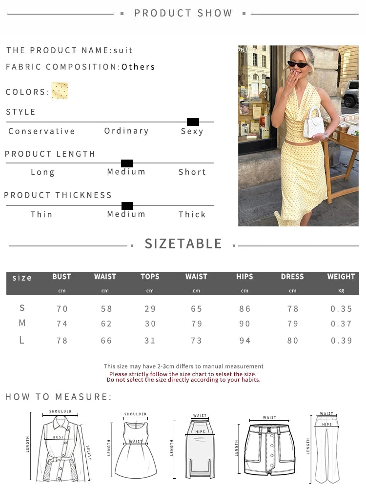Ruched Elegant 2 Piece Set Woman Polka Dot Print Halter Backless Tank Tops+Elastic Waist Long Skirts Y2K Style Suits