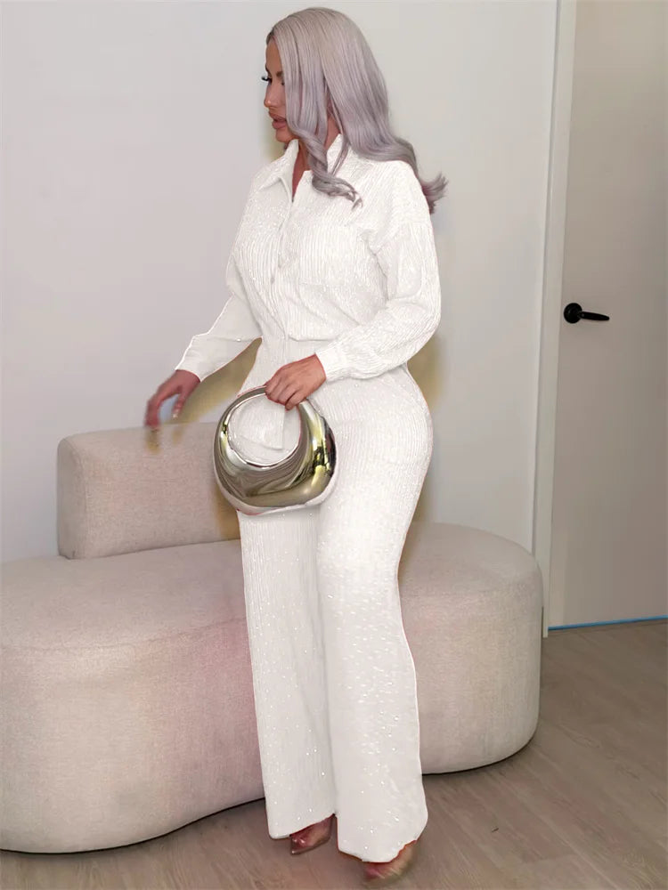 Rhinestone Decoration 2-Piece Set Women Single-Breasted Lapel Full Sleeve Shirt+Elastic Waist Pant Leisure Suits