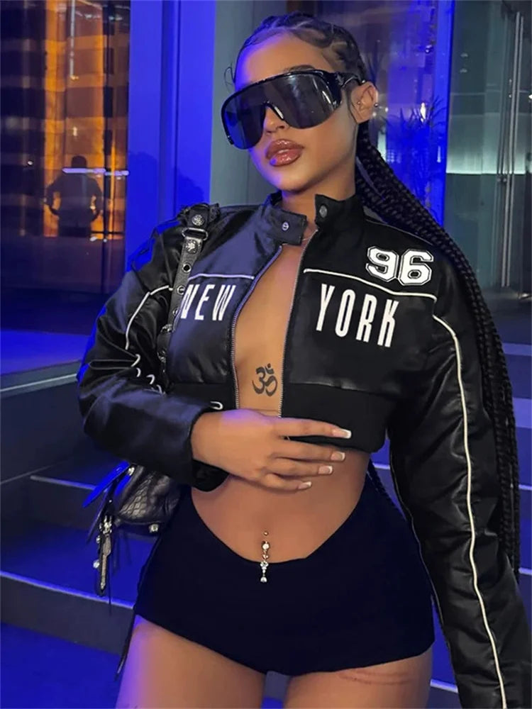 PU Patchwork Women Jacket Letter Print Hipster Button Zip Full Sleeve Trend Cool Street Spring Outwear Crop Coat