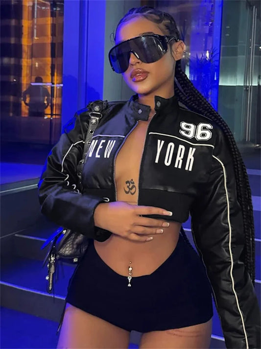 PU Patchwork Women Jacket Letter Print Hipster Button Zip Full Sleeve Trend Cool Street  Spring Outwear Crop Coat