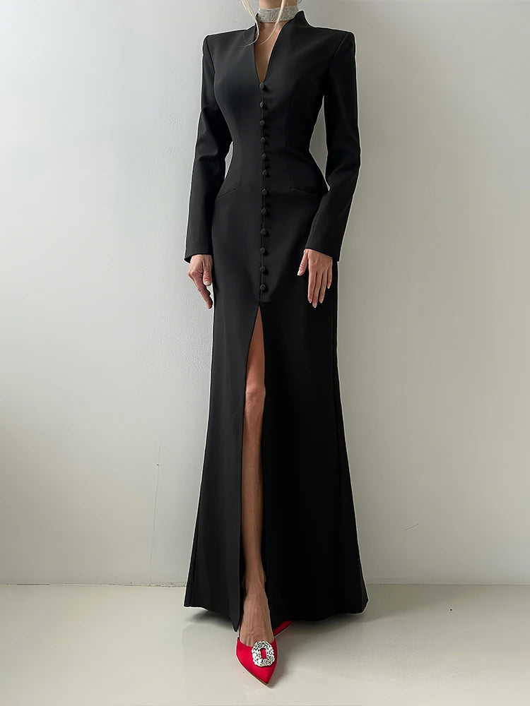 Single-Button Maxi Dress Women Front Split Full Sleeve v-Neck Elegant Classic Office Streetwear Fashion Slim Vestidos