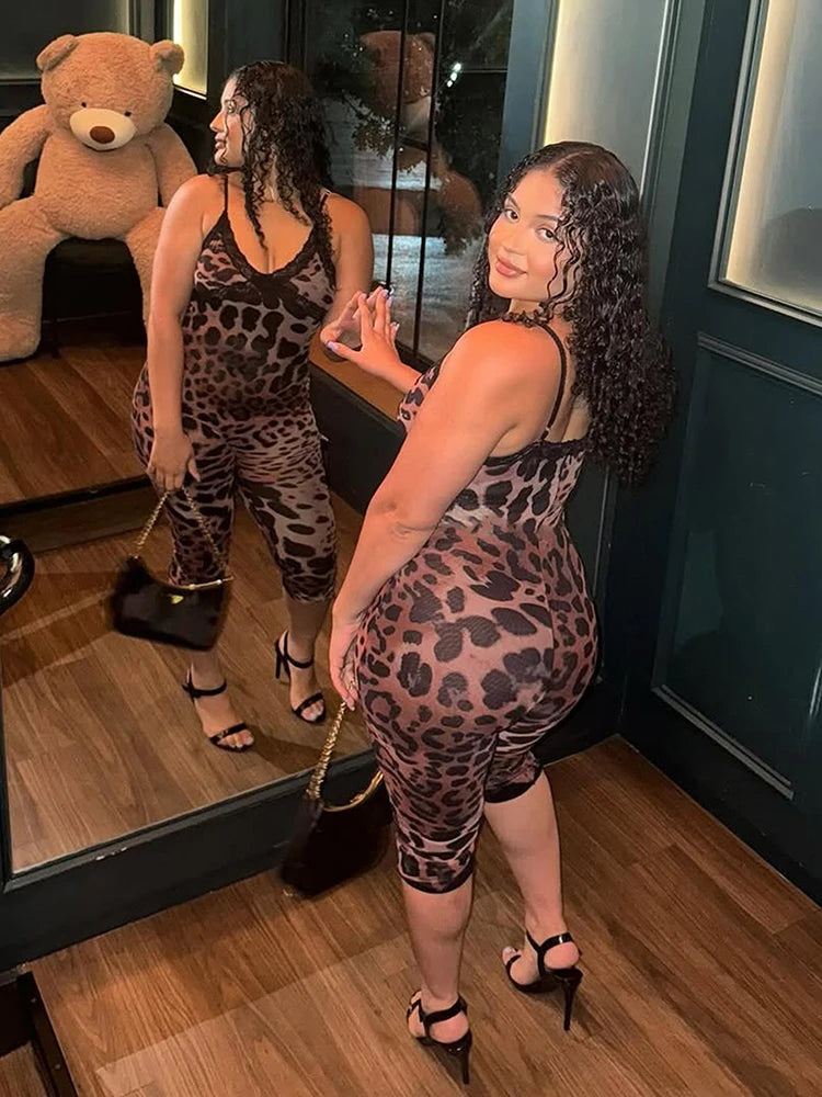 Sexy Camis Romper Women Lace Leopard Print Patchwork Skinny Stretch Sexy Clubwear Workout Midnight Playsuit Overalls