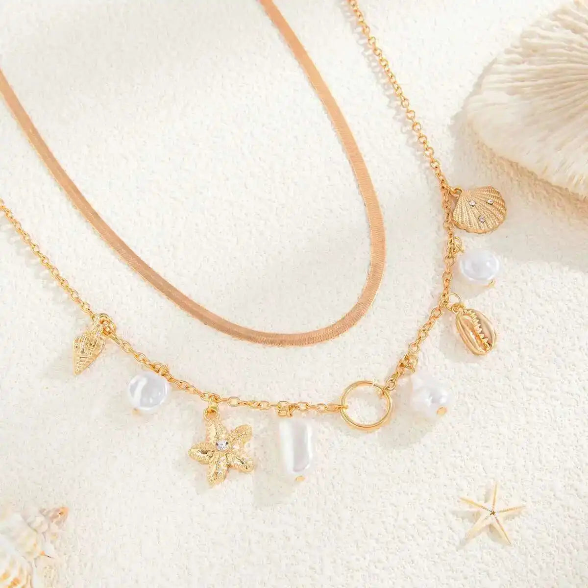 2Pcs/Set Summer Beach Vacation Sexy Bikini Waist Chain Boho Imitation Pearl Starfish Conch Pendant Body Chain Jewelrry