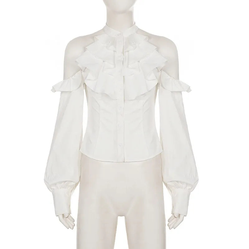 Cold-shoulder Button-up Lantern Sleeve Ruffled Blouses Shirts for Woman White Long Sleeve Tops Autumn 2026