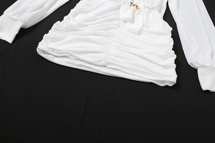 See Through Dress Women Sexy Deep V-Neck Long Sleeve Metal Trim Folds Ribbon Skinny Sexy Street Fall Trend Bodycon