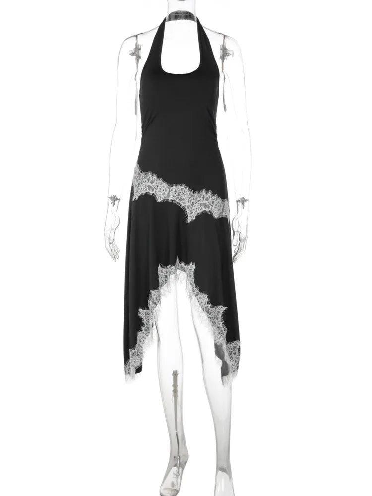 Halter Backless Sexy Midi Dress Women Fashion Elegant Lace Irregular Hem Ruched Waist Sleeveless Club Party Dress