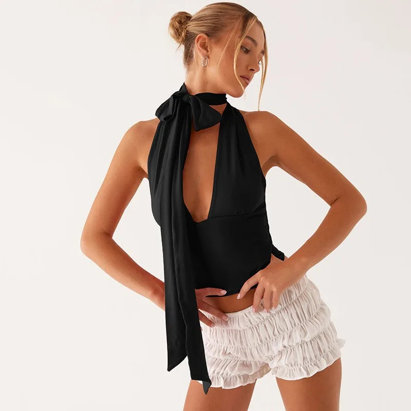 Tie Up Deep V Backless Sexy Crop Tops for Woman Tanks Club Wear Halter Top Summer 2025 Woman Clothing