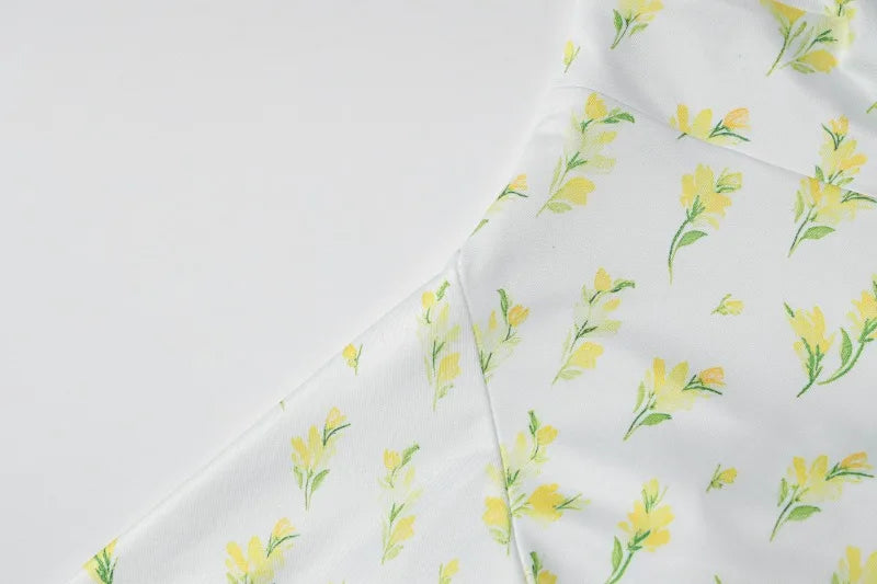 Yellow Floral Printed Skater Dress Sexy Deep V Neck Backless Short Summer Dresses Woman Clothing