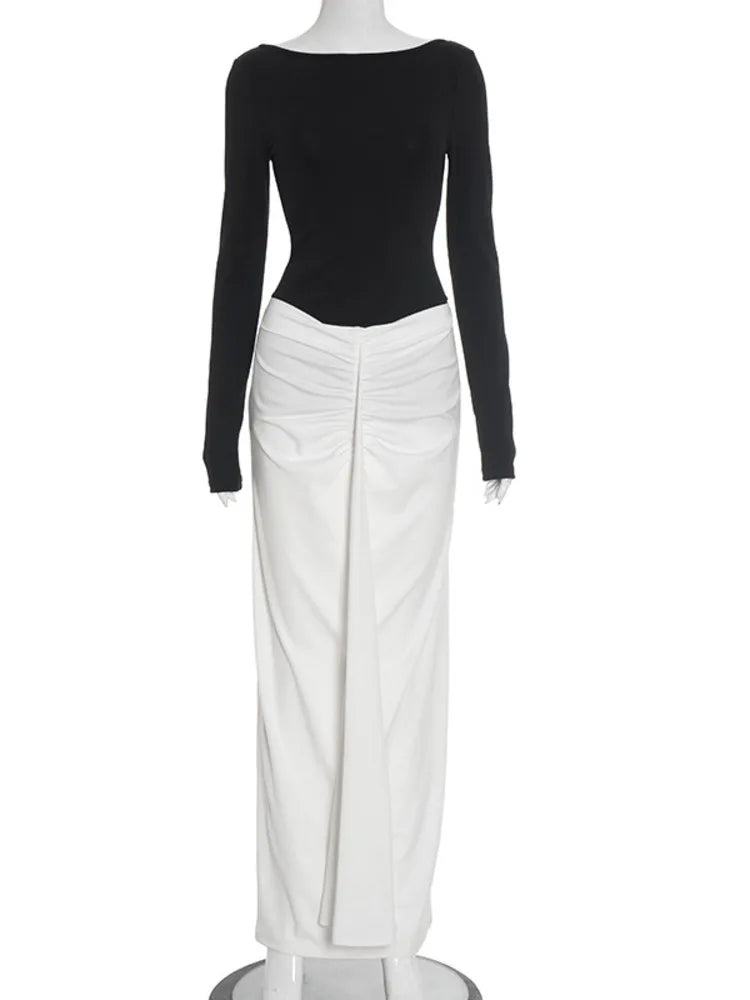 Long Sleeve Backless Sexy Maxi Dress Women Gown Fashion Patchwork High Waist Draped Ruched Club Party Long Dresses