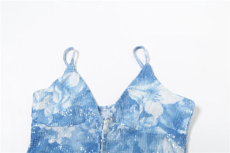 Sexy Glitter 2 Piece Set Women Y2K Sequins Halter V-Neck Backless Tops+Side Tassel Skirts Beach Party Matching Suits