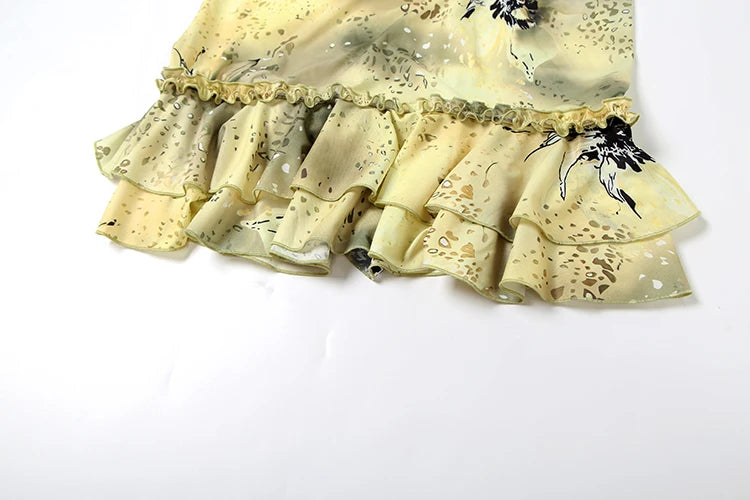 See Through Women 2 Piece Set Y2K Ruffles Patchwork Camisole+Tierred Skirts Matching Vacation Sexy Midnight Clubwear