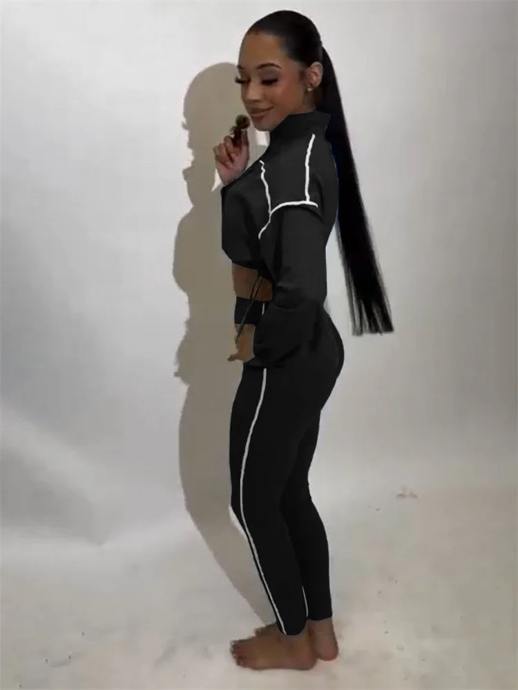 Patchwork 2 Piece Set Women Tracksuit Zip Shirring Hem Crop Jacket+Elastic Leggings Casual Daily Street Sporty Suits