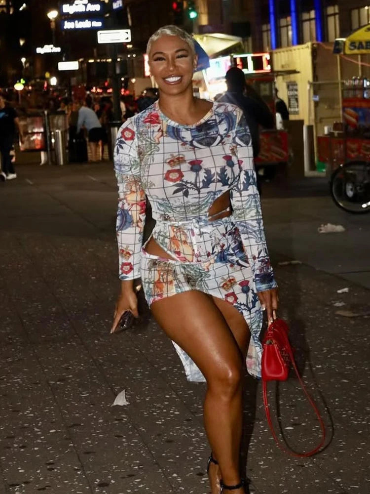 Y2K See Through 2 Piece Set Women Sexy Flowers Lace-Up Hollow Bodysuit+Irregular Skirts Matching Streetwear Outfits