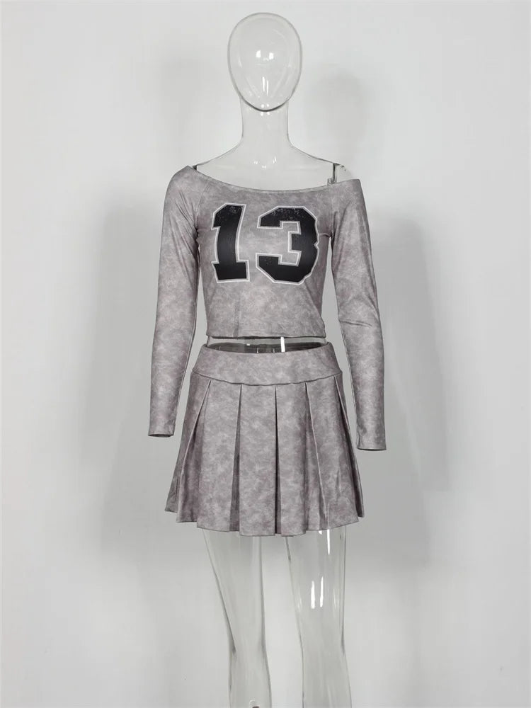 2-Piece Set Women One Shoulder Long Sleeves Letter Print Biased Collar Crop Tops+Pleated Skirt Street Matching Suits