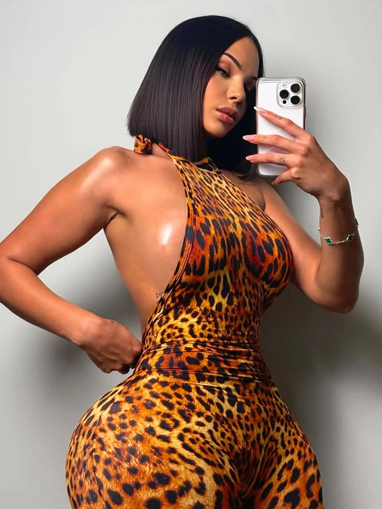 Backless Romper Women Halter Bandage Leopard Print Fit Tight Stretch Summer Sexy Hipster Activity Workout Playsuits