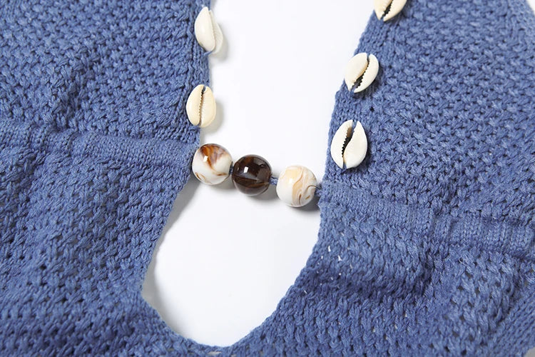 Crochet Conch Hem Dress Women Summer Trend Hollow Backless Pearl Vacation Beach Sexy Clubwear Party Halter Bodycon