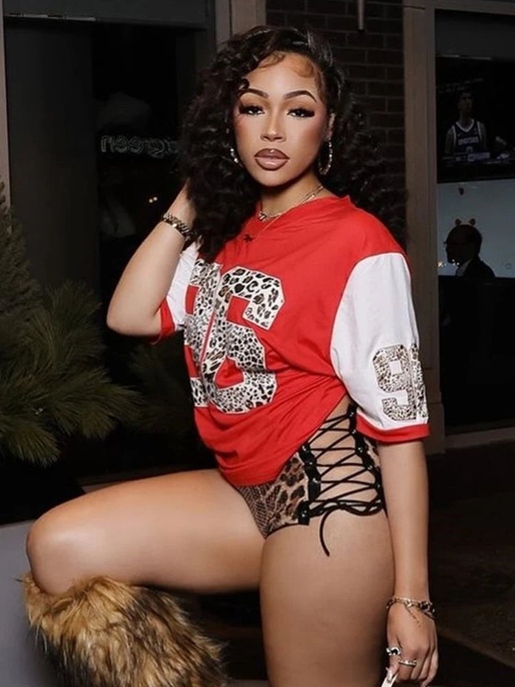 Leopard Print Tracksuit Women 2piece Set Letter Print Tees+Sequins Bike Shorts Stretch Matching Streetwear Outfits