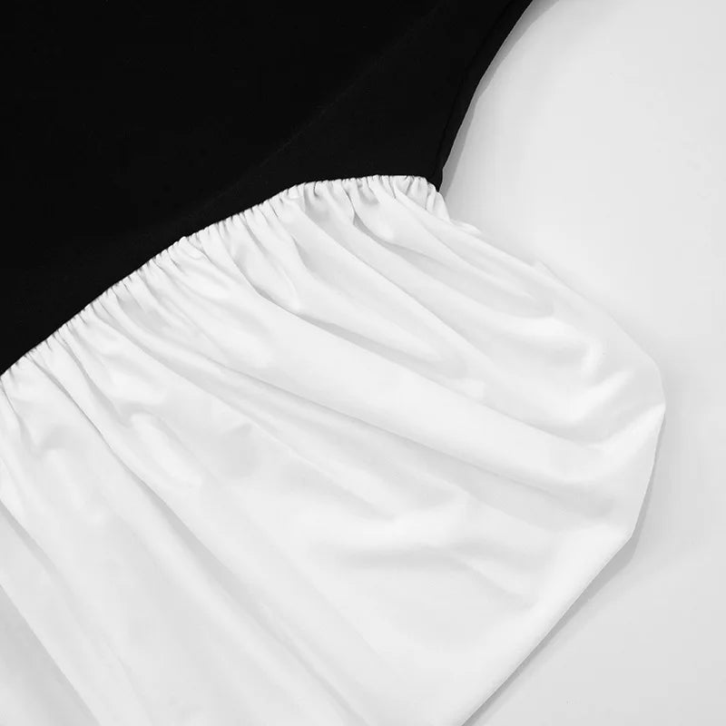 Halter Sleeveless Backless Ruched Midi Dress Black and White Patchwork Woman Clothes Sexy Elegant Party Dress