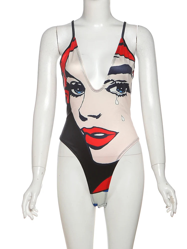 Doodle Print Bodysuit Women Beach Vacation Deep v-Neck Sleeveless Tight Stretch Wild Hipster Midnight Club Body Tops