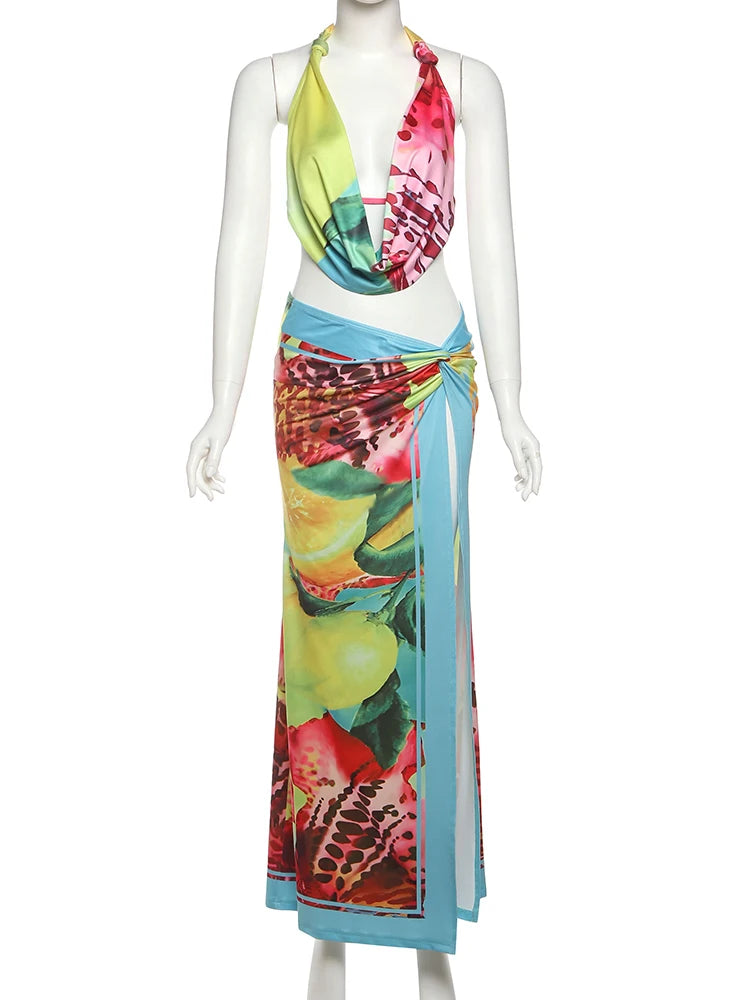 Colorful Leopard Women 2 Piece Set Y2K Beach Vacation Halter Tank Tops+Wrapped Maxi Skirts Matching Vacation Clubwear