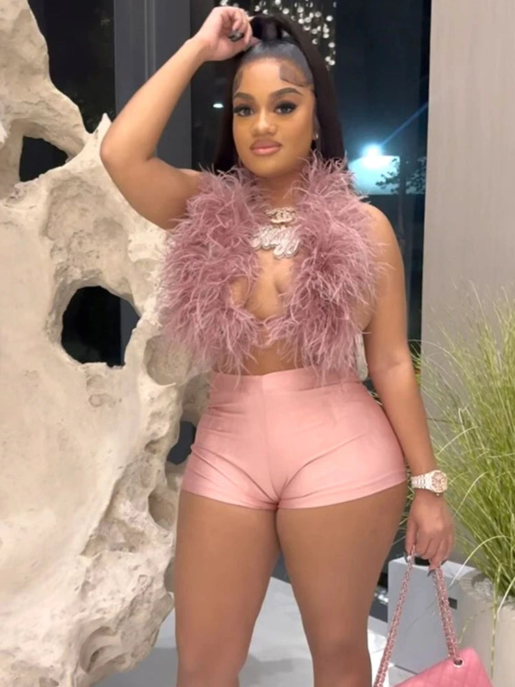 Sexy Hipster 2 Piece Set Women Y2K Summer Luxury Furs Tank Tops+Tight Stretch Shorts Midnight Clubwear Party Suits