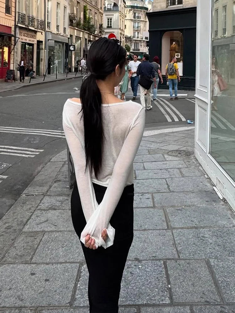 Simple T-Shirts Women Basic See Through Letter Print Long Sleeve Neck Skinny Autumn Trend Street Classic Casual Tees