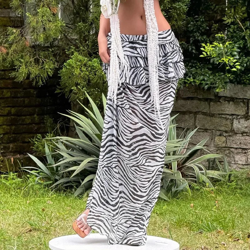 Zebra Printed Mesh See Through Skirt Sexy Vacation Beach Low Rise Long Maxi Skirts for Woman Clothing Summer