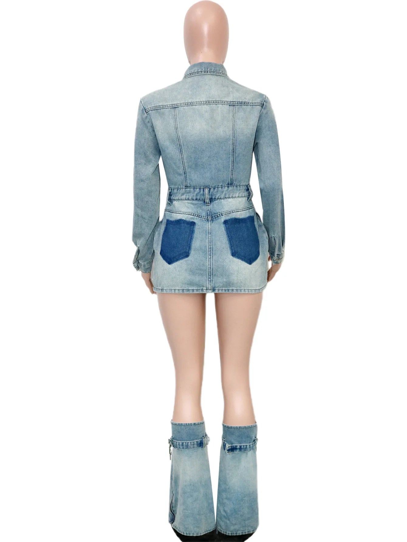 Denim 2Piece Set Women Patchwork Single-Breasted Dress+Zip Metal Trim Leg Sleeve Hottie Trend Street Vintage Outfits