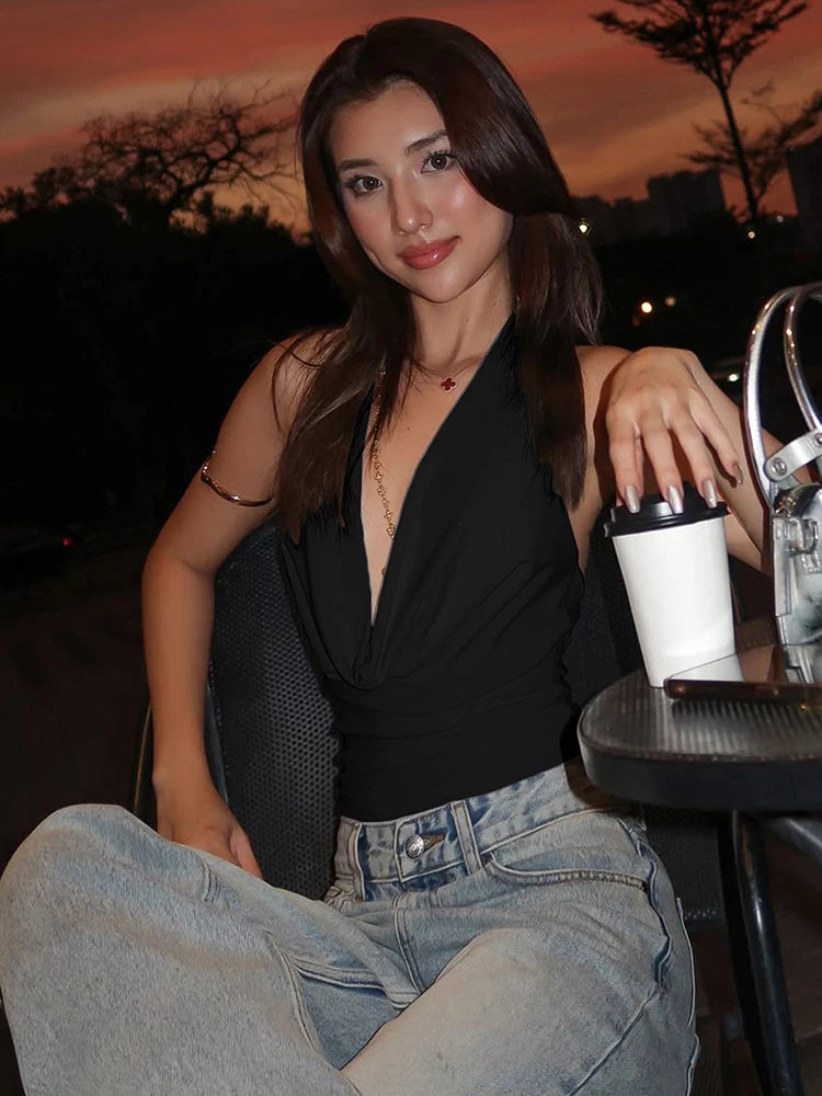 Swing Collar Tank Tops Women Backless Halter Folds Skinny Daily Simple Sexy Summer Wild Street Basic Stretch Vest