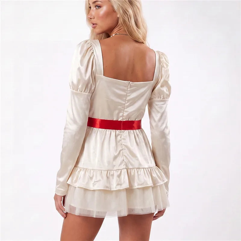 Women Doll Cosplay Costume Satin Puff Long Sleeve Mini Dress Red Flower Belt Ruffle Tulle Skirt Party Dress